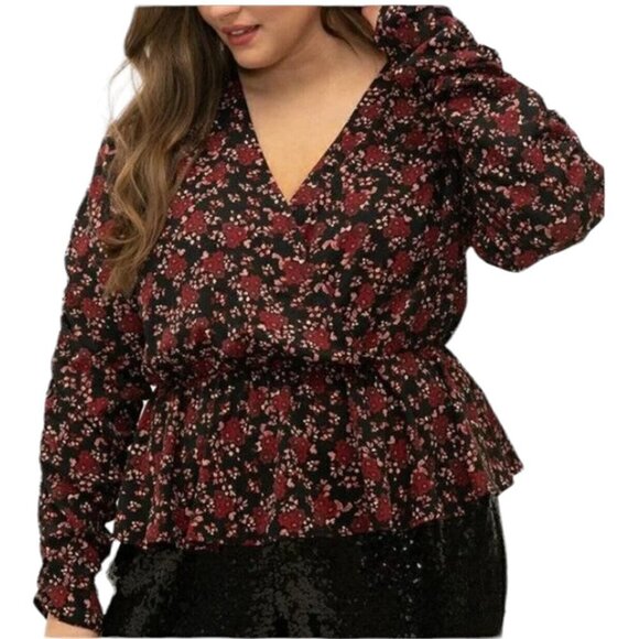 ELOQUII ELEMENTS Peplum Blouse Women's Size 22 Pink Black Floral Faux Wrap - Picture 2 of 11